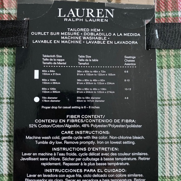 Ralph Lauren White Red Green Tartan Plaid Christmas Tablecloth 60” x 84” NWT - Picture 3 of 7